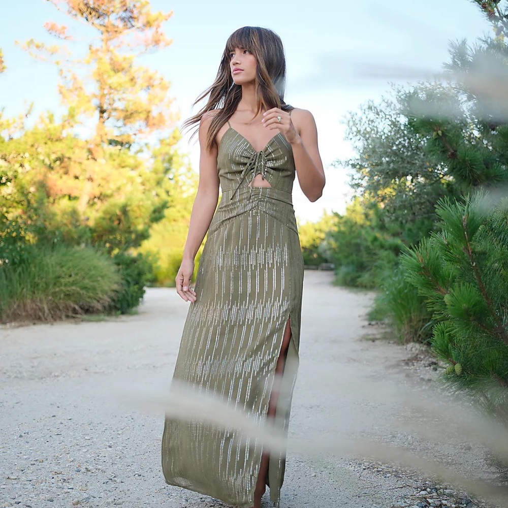 New with tags,move out sale, Metallic Ruched Front Cutout Maxi Dress, size-L